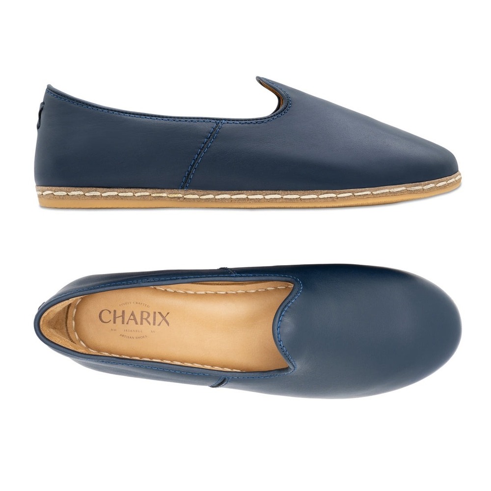 Charix Loafers Leather Slip On Espadrille Trim Midnight Blue 39 US 8.5